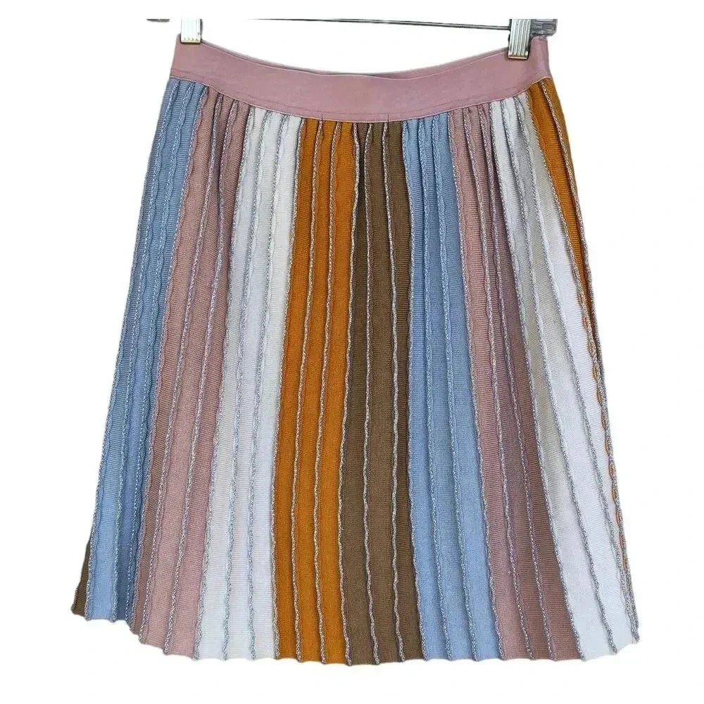 Anthropologie Eva Franco Knit Pastel Strips Mini Skirt  Metallic Accents Size S